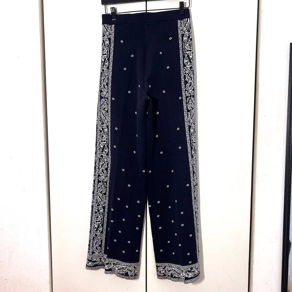 STAUD Intarsia Knit Pants Size S Blue Bandana Paisley Stretch Wide Leg Bohemian - Picture 3 of 8